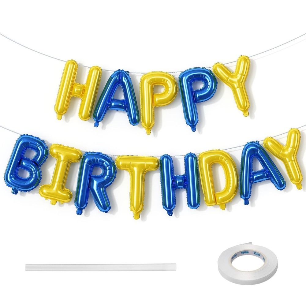 Blue and Yellow Happy Birthday Balloon Banner, 16 Inch Blue Gold Happy Birthd…