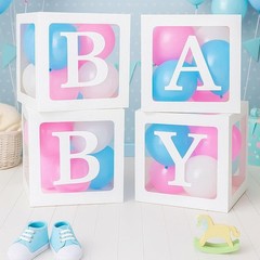 Clear Baby Shower Gift Boxes, 4 Pc, Foldable, 11.8″ Cube, BABY Letters