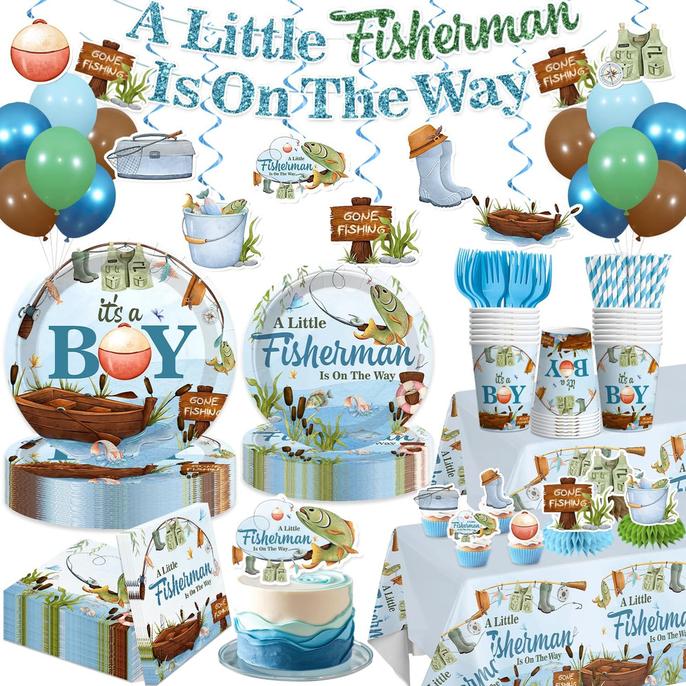 171 PCS Fishing Baby Shower Decorations for 20 Guests, Disposable Tableware Set