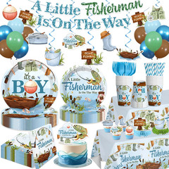 171 PCS Fishing Baby Shower Decorations for 20 Guests, Disposable Tableware Set