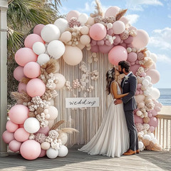 Pastel Pink White Balloon Arch Double Stuffed Light Pink White Sand Beige Cream