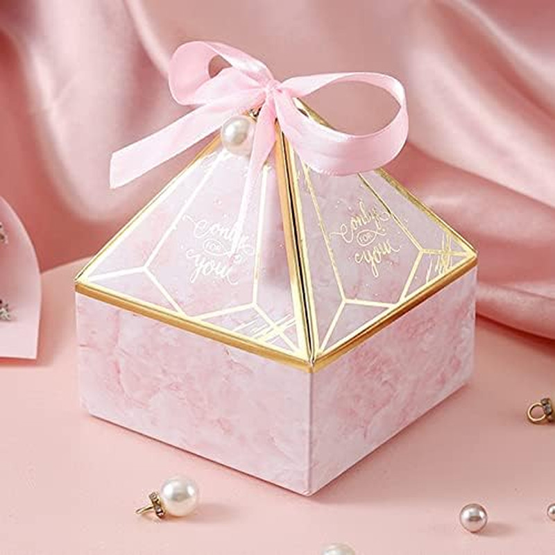 50Pcs Pink Gem Tower Birthday Wedding Party Favor Boxe with Ribbon Bead Gift Bag