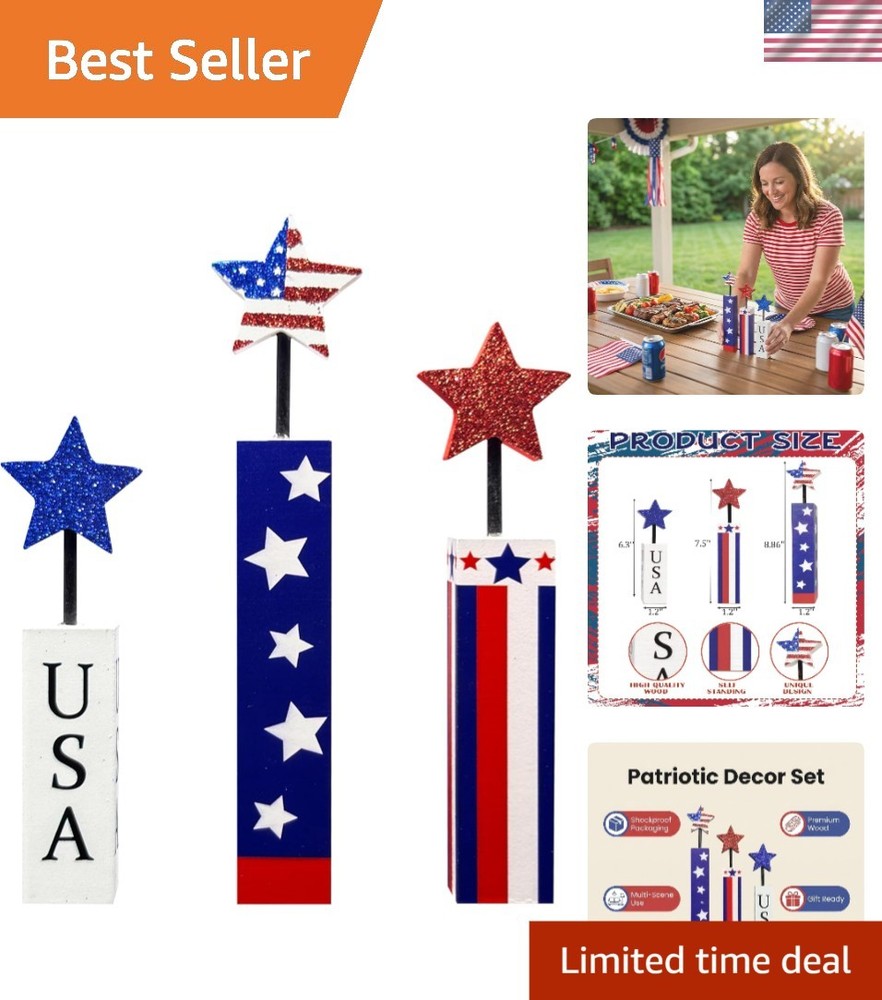 Charming 3-Piece Wooden Firework Decor – Ideal for 4th of July Celebrations