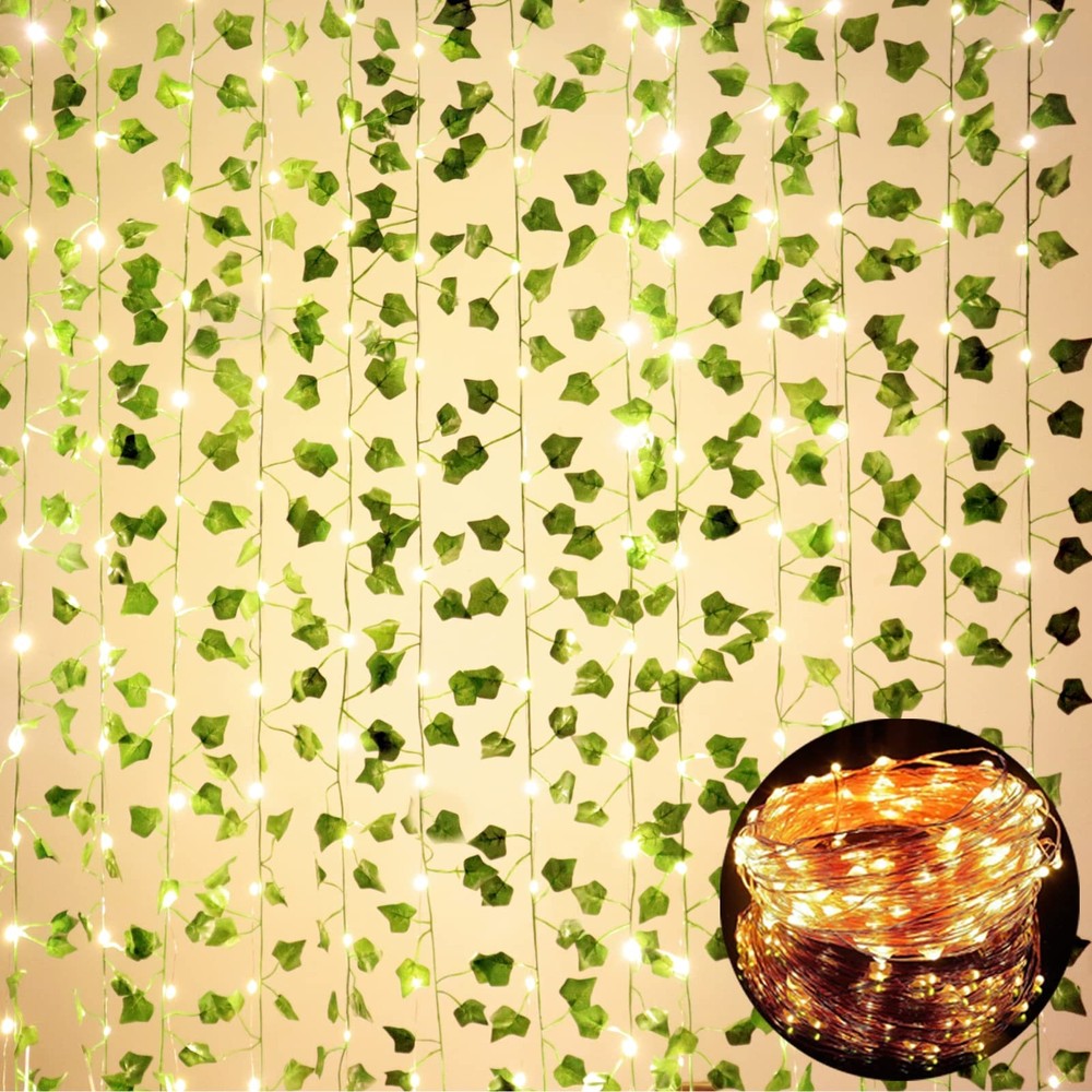 12 Pack Fake Vines for Room Decor with 100 LED 12pcs Ivy 100 LED, Green