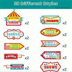 20Pcs Carnival Circus Party Directional Signs Welcome Photo Booth Decor