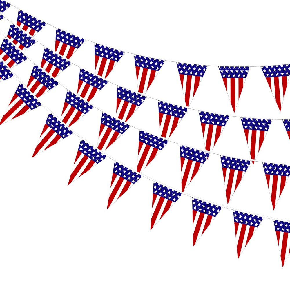 4 Pack American Flag Pennant Banner Paper, 35FT Pre-Strung Patriotic Triangle…