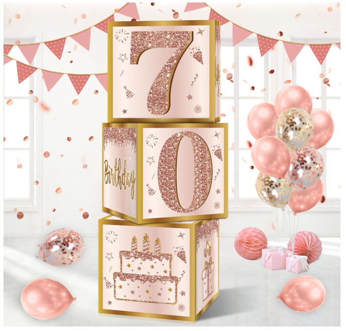 3Pcs Pink Rose Gold 70th Birthday Balloon Boxes Party Decorations for Women