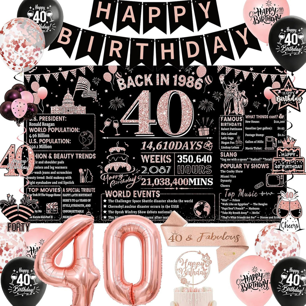 40Th Birthday Decorations for Women, Rose Gold Black Back in 1986 Banner Decorat