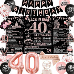 40Th Birthday Decorations for Women, Rose Gold Black Back in 1986 Banner Decorat
