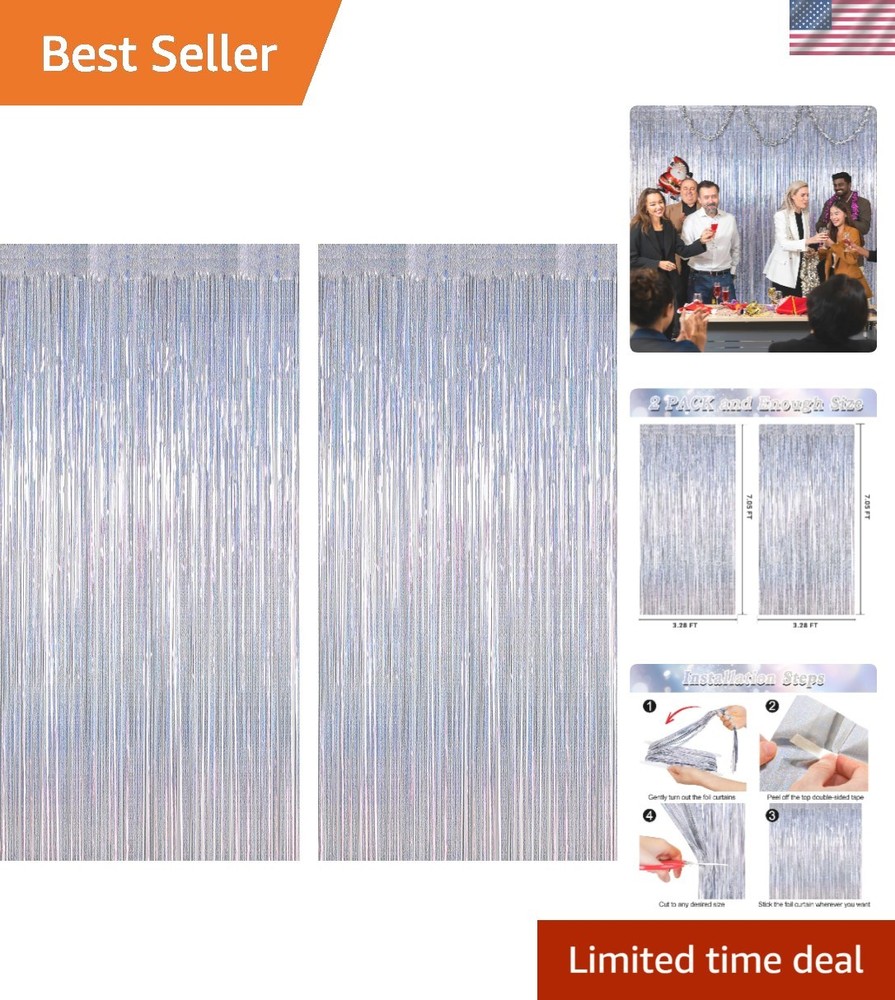 Glitter Silver Tinsel Foil Curtains 2 Pcs – Perfect for NYE & Engagement Parties