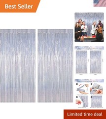 Glitter Silver Tinsel Foil Curtains 2 Pcs – Perfect for NYE & Engagement Parties
