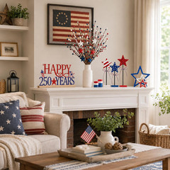 4Pcs 250Th Anniversary Decorations Set, Red White Blue Wood Stars, Metal America