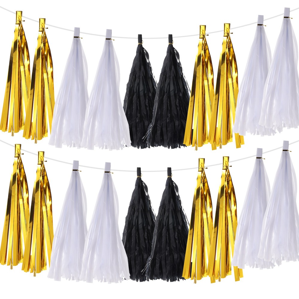 30Pcs Black,White,Gold Tassel Garland Banner with Rope