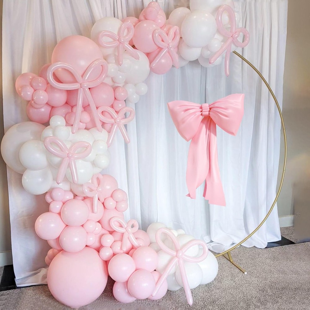 Coquette Pink Bow Balloon Arch Kit – 114pc Pastel Light Bow & White Balloon G…