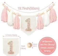 1st Birthday Glitter Banner Bead Tassel Garland High-Chair Decor Pink White