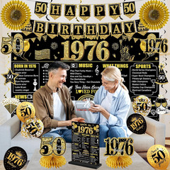 50Th Birthday Decorations Kit for Men Women, Black Gold 24PCS Back in 1976 Banne