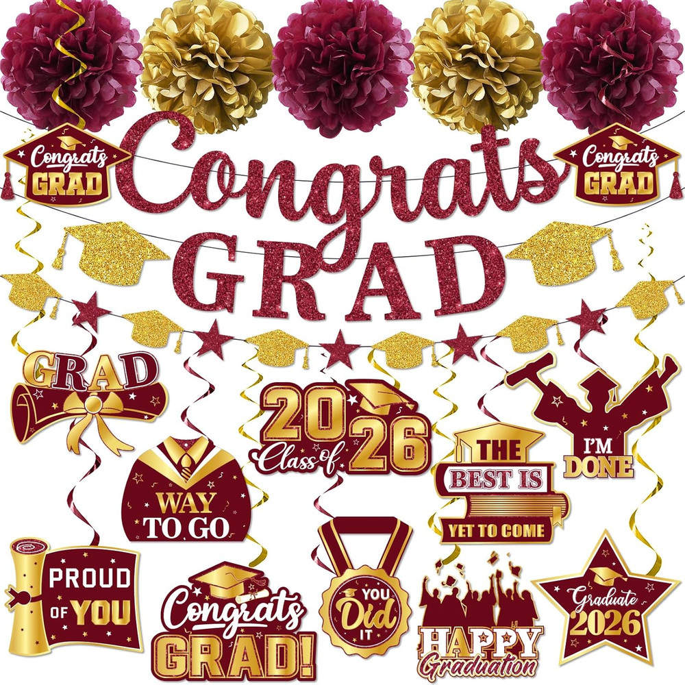 Maroon Graduation Decorations 2026, Glitter Congrats Grad Banner Hanging Swirls