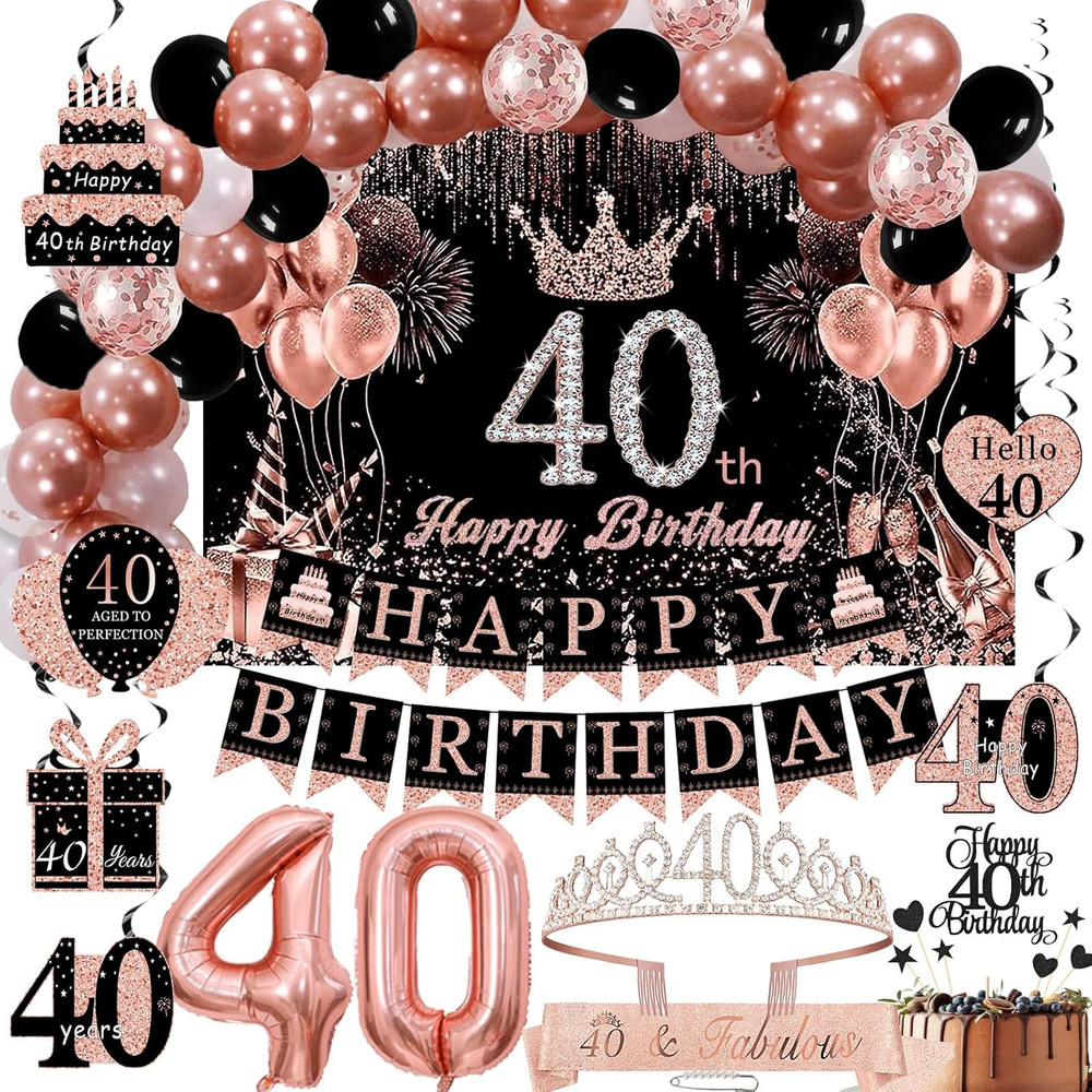 Rose Gold 40Th Birthday Decorations for Women – Backdrop, Sparkle Crown Sash, Ha