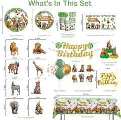 201Pcs Safari Birthday Decorations Tableware Set, 25 Serves Safari Plates and Na