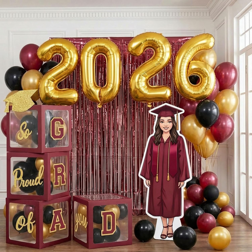 Maroon Black and Gold Decorations 2026 Set of 4 Graduation Balloon Boxes with Ba