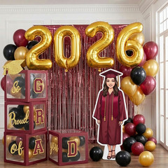 Maroon Black and Gold Decorations 2026 Set of 4 Graduation Balloon Boxes with Ba