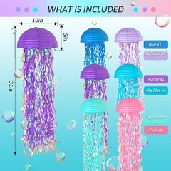 10 Inch Jellyfish Paper Lanterns 6 Pack, Hanging Decor Pastel Blue/Pink/Purple