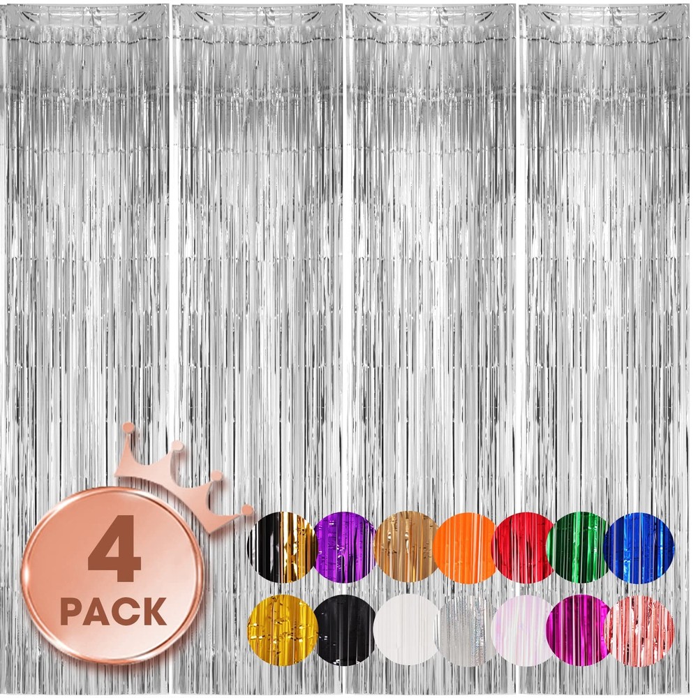 4 Pack Silver Foil Fringe Backdrop Curtains, Tinsel Streamers Birthday Party …