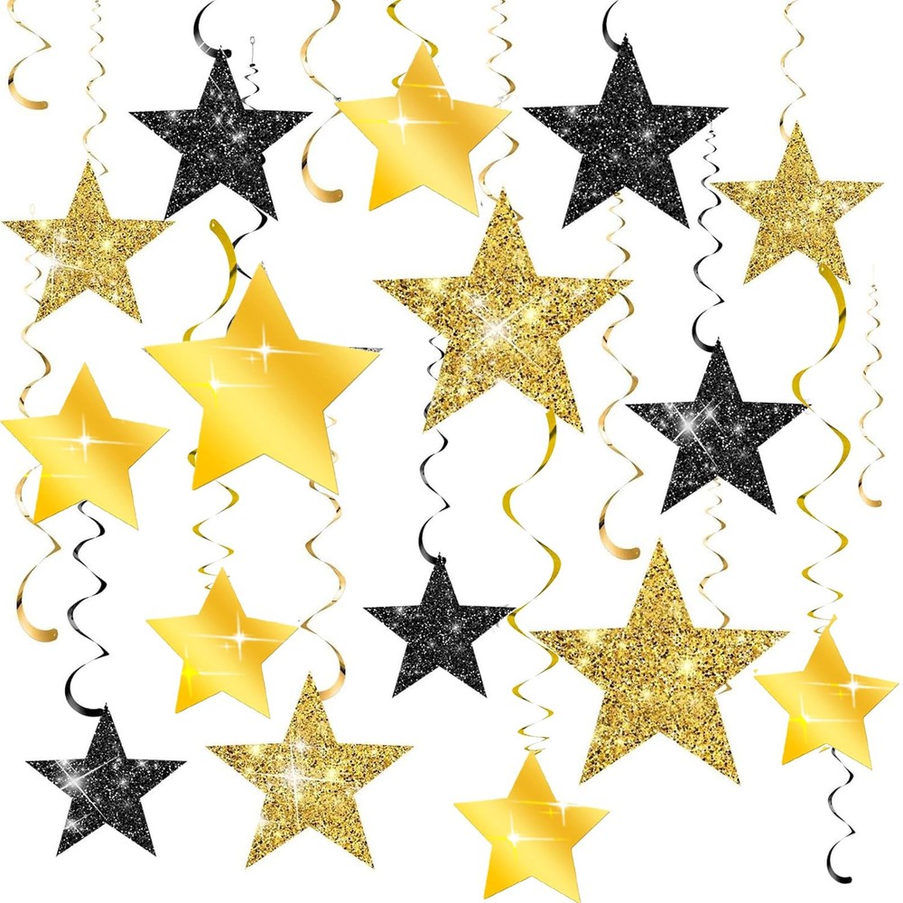 16 PCS Black Gold Glitter Star Hanging Swirls Graduation Party Ceiling Decor