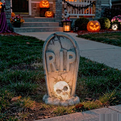 11″ Light-Up LED Tombstone with Skull Blow Mold Halloween Decoration