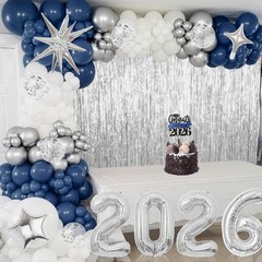 Graduation Balloon Garland Arch Kit – Class of 2026 Navy Blue White Silver Ballo
