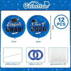 12Pcs 18″ Congrats Grad Foil Balloons Class of 2026 Graduation Party Decor