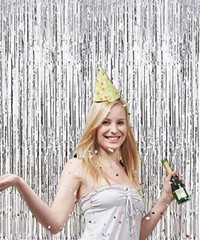 2 Pcs 3.2ft x 8.2ft Shiny Metallic Tinsel Foil Fringe Curtains Photo Silver