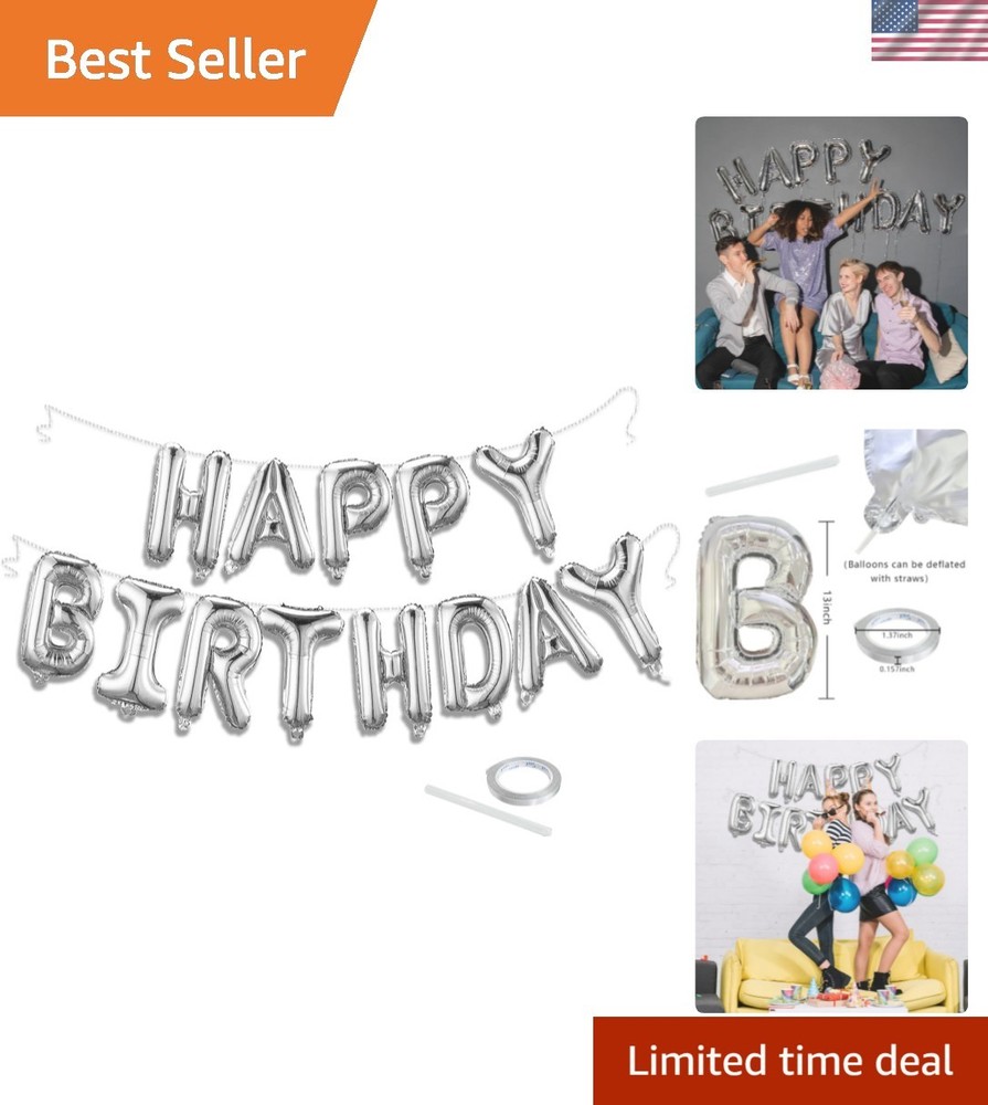 Silver Happy Birthday Balloon Banner Set -16 Inch Foil Letters Balloons, Reus…