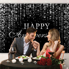 Happy Anniversary Backdrop Black Silver Glitter Marriage Wedding Party