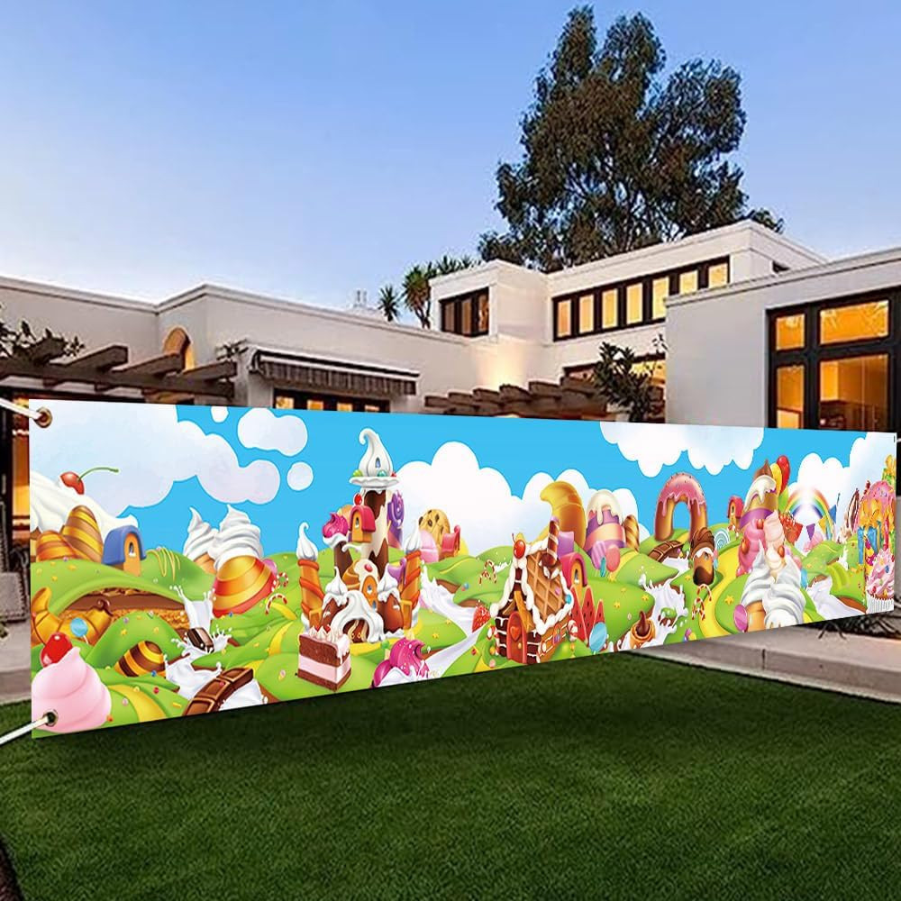 118 X 20 in Candyland Sweet Cartoon Rainbow Cupcake Ice Cream Castle Theme Yard