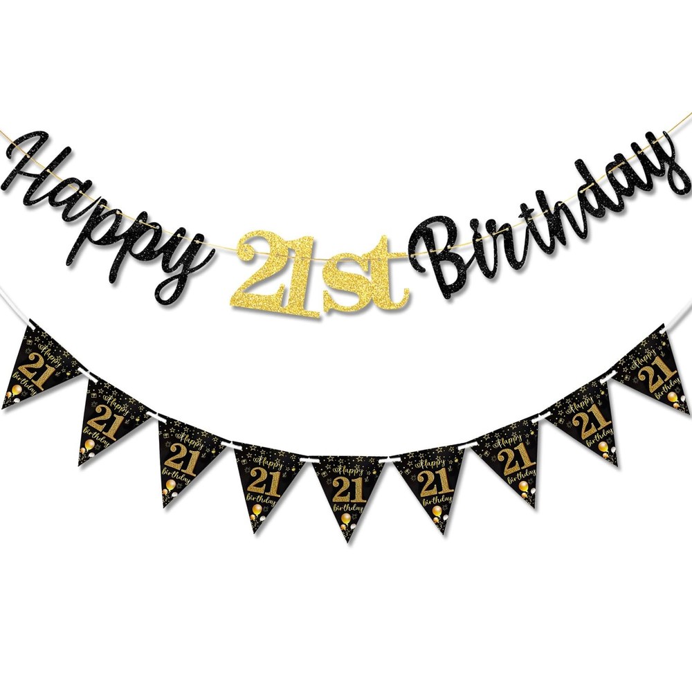 21st Birthday Decorations Banner Women Men Boys Girls, Black Gold Happy 21stBirt