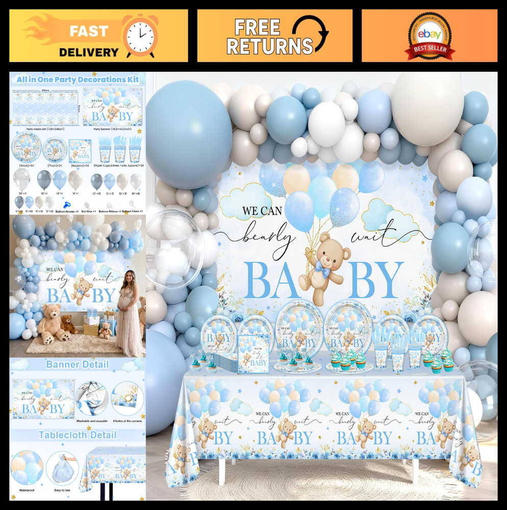 270 Pcs Baby Shower Decorations – Blue Bear Theme, Plates, Napkins, Cups, Balloo