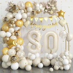 80th Birthday Decorations Kit – White Gold Balloon Arch, Number 80 Foil Balloons
