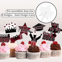 2026 Graduation Cupcake Toppers – 48 Pcs Maroon Graduation Party Supplies Mini C
