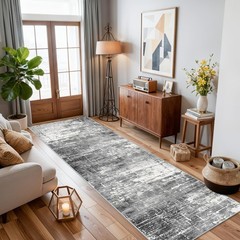 Washable 2X10 Kitchen Area Rug: Entryway 2′ x 10′ (Rectangular), Black/Grey