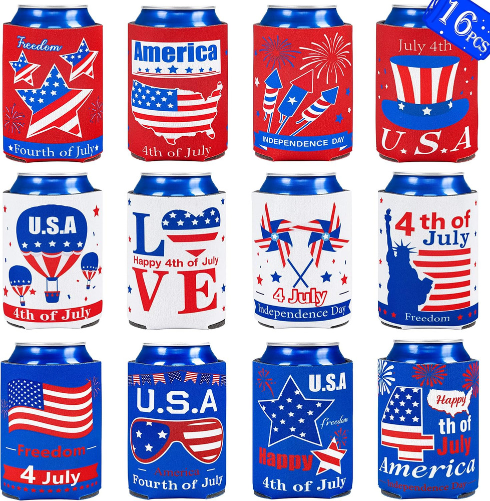 16PCS 4Th/Fourth of July Decorations Can Cooler Sleeves for Independence Day Mem