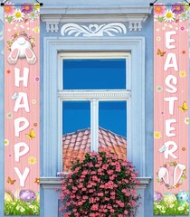 Happy Easter Decorations Colorful Flowers Eggs Bunny Pink Porch Sign Door Banner
