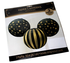 Amscan 3-Pack Black Gold Stars & Stripes Paper Lanterns – 9.5 in.