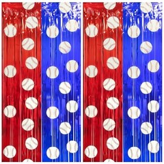 Baseball Party Decorations, Thickened Tinsel Backdrop 3.3 x 6.6 Red Blue White