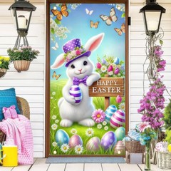 Happy Easter Decorations Colorful Eggs Flowers Bunny Door Cover Banner 71″x35″