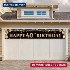 Large Happy 40th Birthday Decoration Banner, Black and Gold Happy 40th Birthday