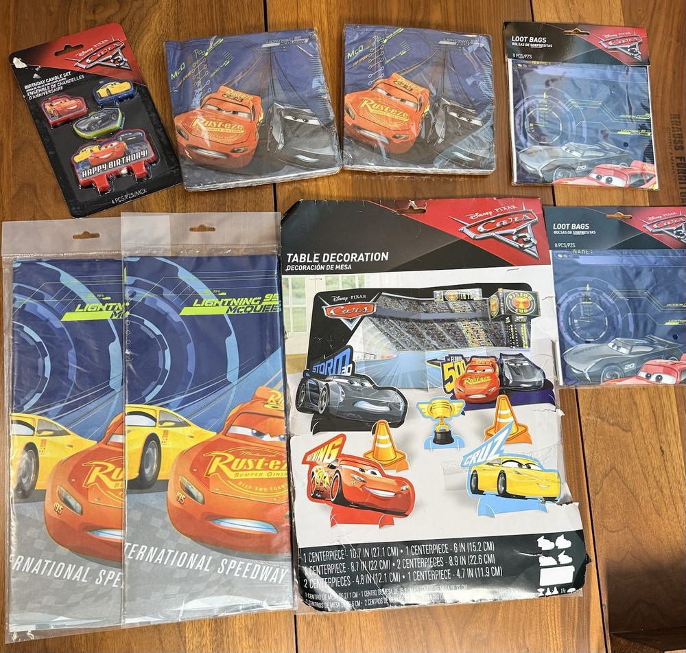 Disney Cars Birthday Decorations Bundle – Candle, Tablecloth, Napkins, NEW