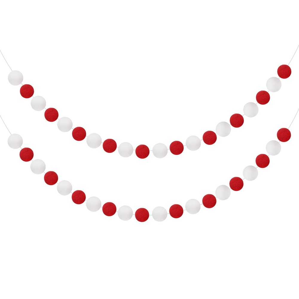 2pcs Pom Pom Garland 6.6 ft 20 Balls for Crafts Decor(Red, White)