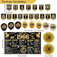 60th Birthday Decorations Kit – 24PCS Black Gold Vintage 1966 Banner, Balloons &