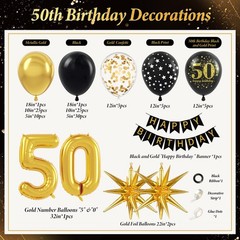 Vicduotex 114pcs 50th Birthday Decorations for Men, Black & Gold Balloons, Ba…